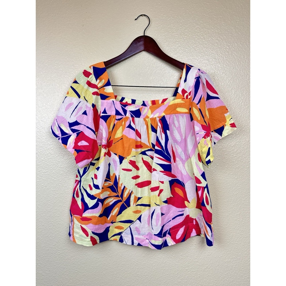 Ella Rafaella Top 100% Cotton Woven Colorful Blouse Square Neck Short Sleeve Med
